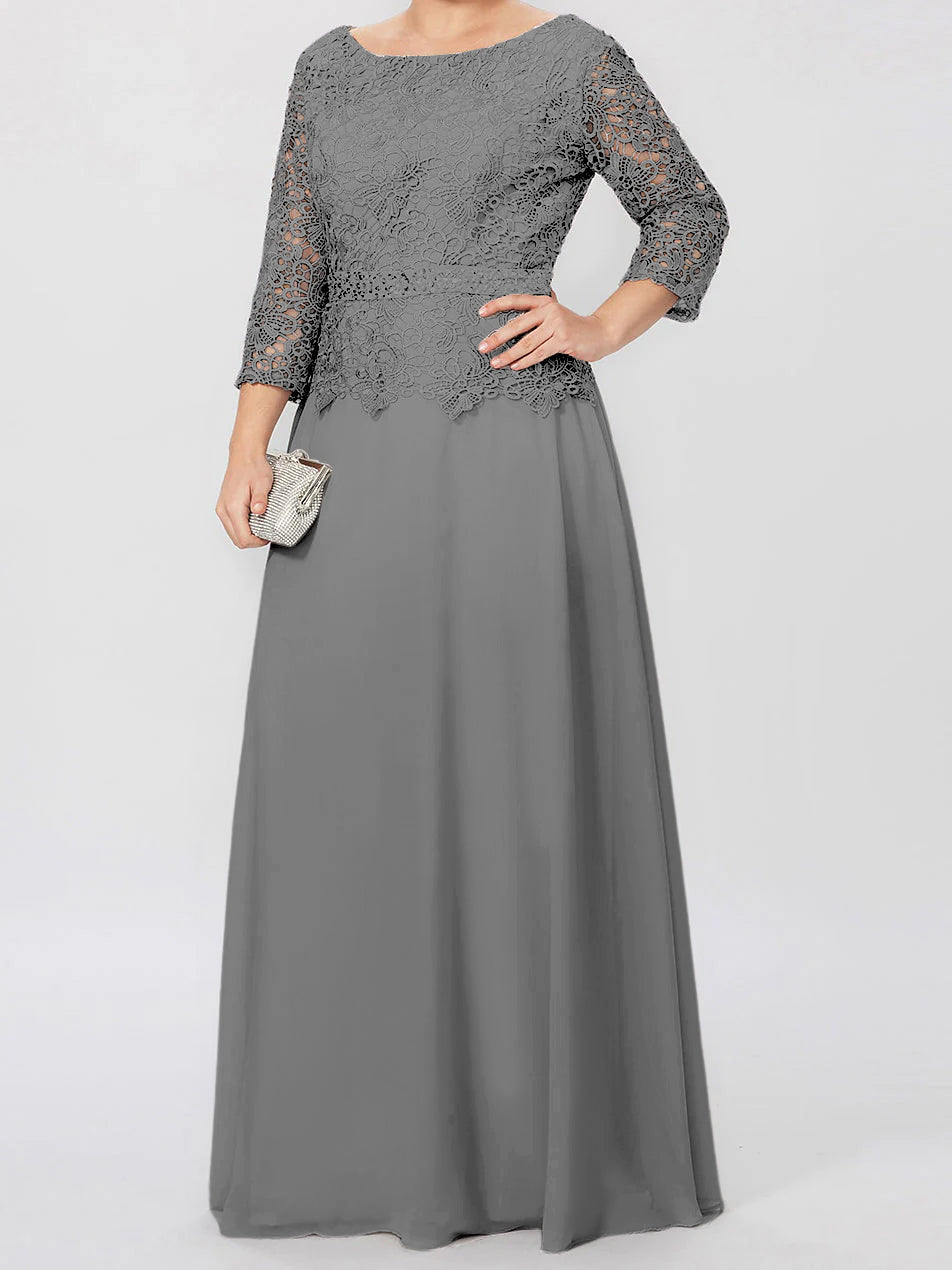 A-Linien-/Prinzessinnenkleid mit Rundhalsausschnitt, 3/4-Ärmeln und bodenlanger Ausführung für die Mutter der Braut, verziert mit Applikationen und Pailletten 