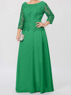 A-Linien-/Prinzessinnenkleid mit Rundhalsausschnitt, 3/4-Ärmeln und bodenlanger Ausführung für die Mutter der Braut, verziert mit Applikationen und Pailletten 