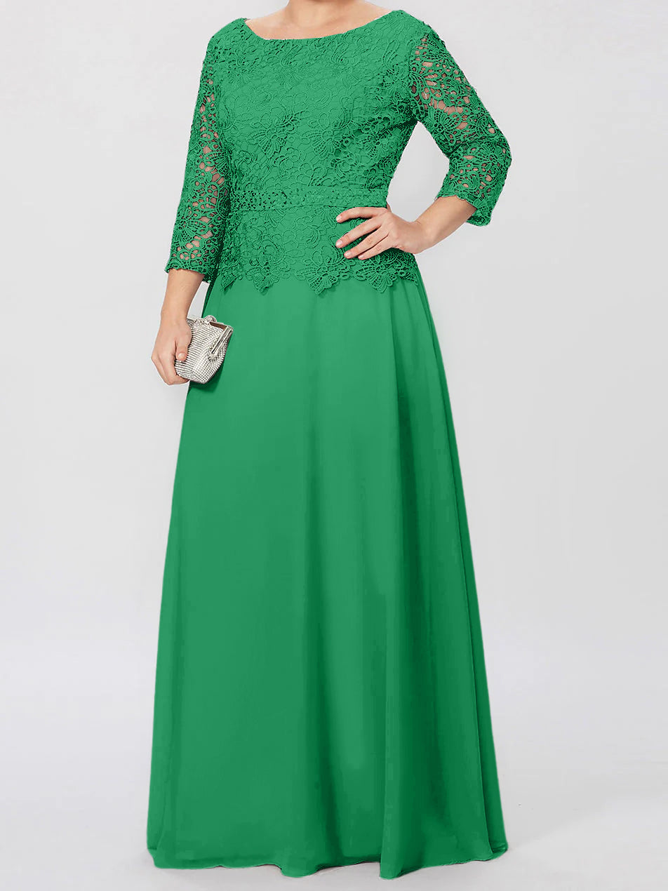 Vestidos de madre de la novia de corte A/princesa, cuello redondo, mangas 3/4, largo hasta el suelo, con apliques y lentejuelas 