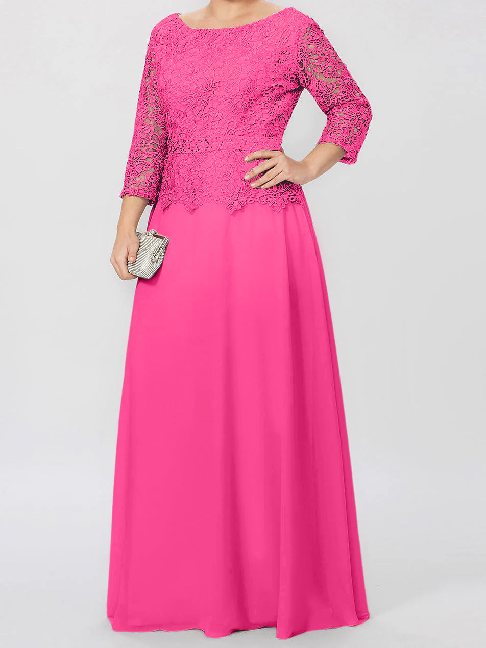 Vestidos de madre de la novia de corte A/princesa, cuello redondo, mangas 3/4, largo hasta el suelo, con apliques y lentejuelas 