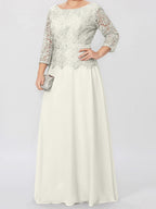 A-Linien-/Prinzessinnenkleid mit Rundhalsausschnitt, 3/4-Ärmeln und bodenlanger Ausführung für die Mutter der Braut, verziert mit Applikationen und Pailletten 
