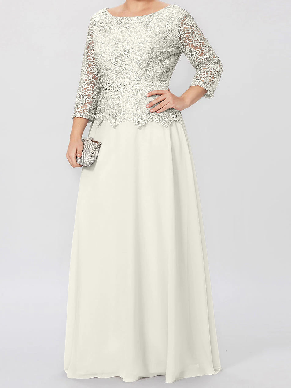 Vestidos de madre de la novia de corte A/princesa, cuello redondo, mangas 3/4, largo hasta el suelo, con apliques y lentejuelas 