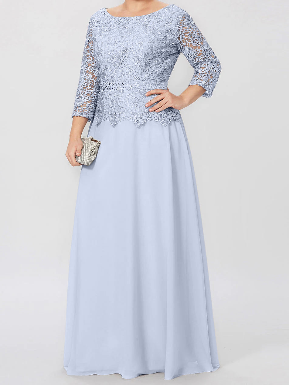 Vestidos de madre de la novia de corte A/princesa, cuello redondo, mangas 3/4, largo hasta el suelo, con apliques y lentejuelas 