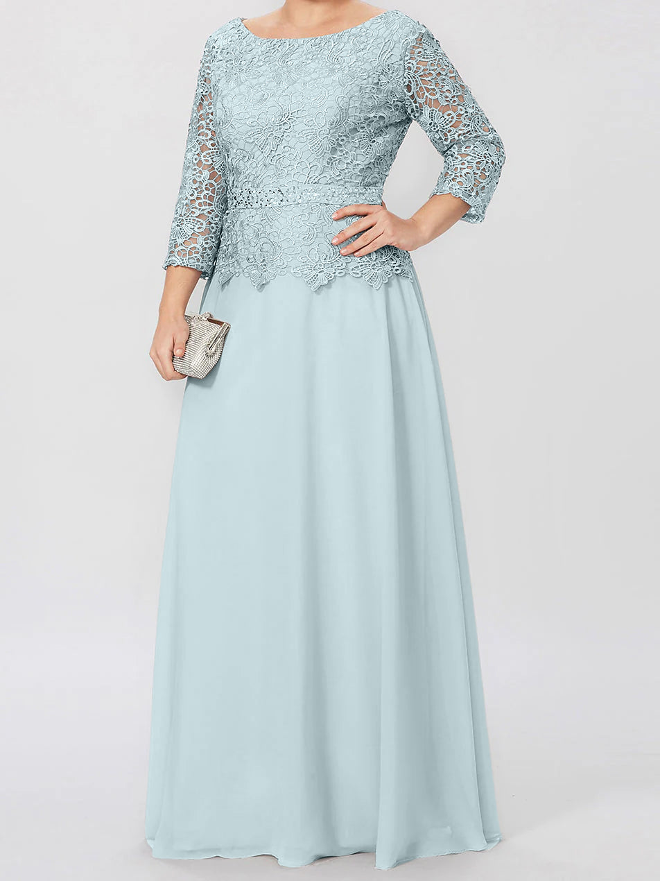 Vestidos de madre de la novia de corte A/princesa, cuello redondo, mangas 3/4, largo hasta el suelo, con apliques y lentejuelas 