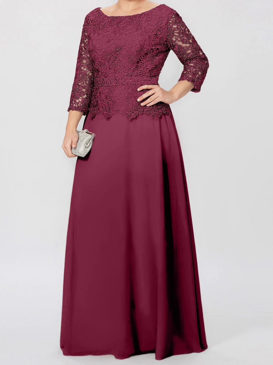 Vestidos de madre de la novia de corte A/princesa, cuello redondo, mangas 3/4, largo hasta el suelo, con apliques y lentejuelas 