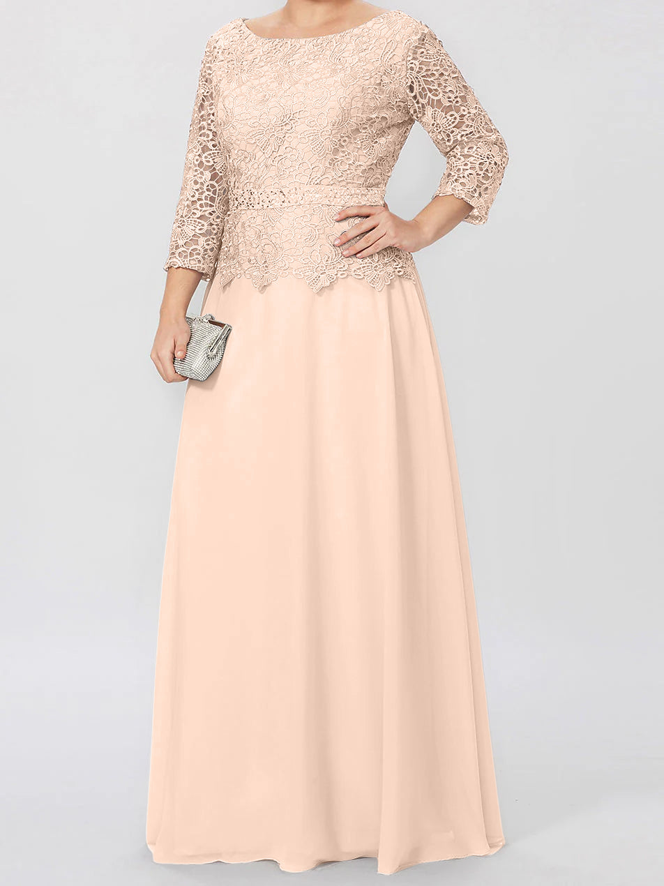 Vestidos de madre de la novia de corte A/princesa, cuello redondo, mangas 3/4, largo hasta el suelo, con apliques y lentejuelas 