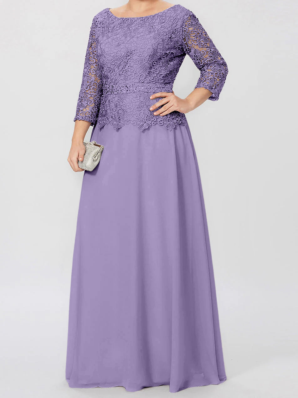 Vestidos de madre de la novia de corte A/princesa, cuello redondo, mangas 3/4, largo hasta el suelo, con apliques y lentejuelas 