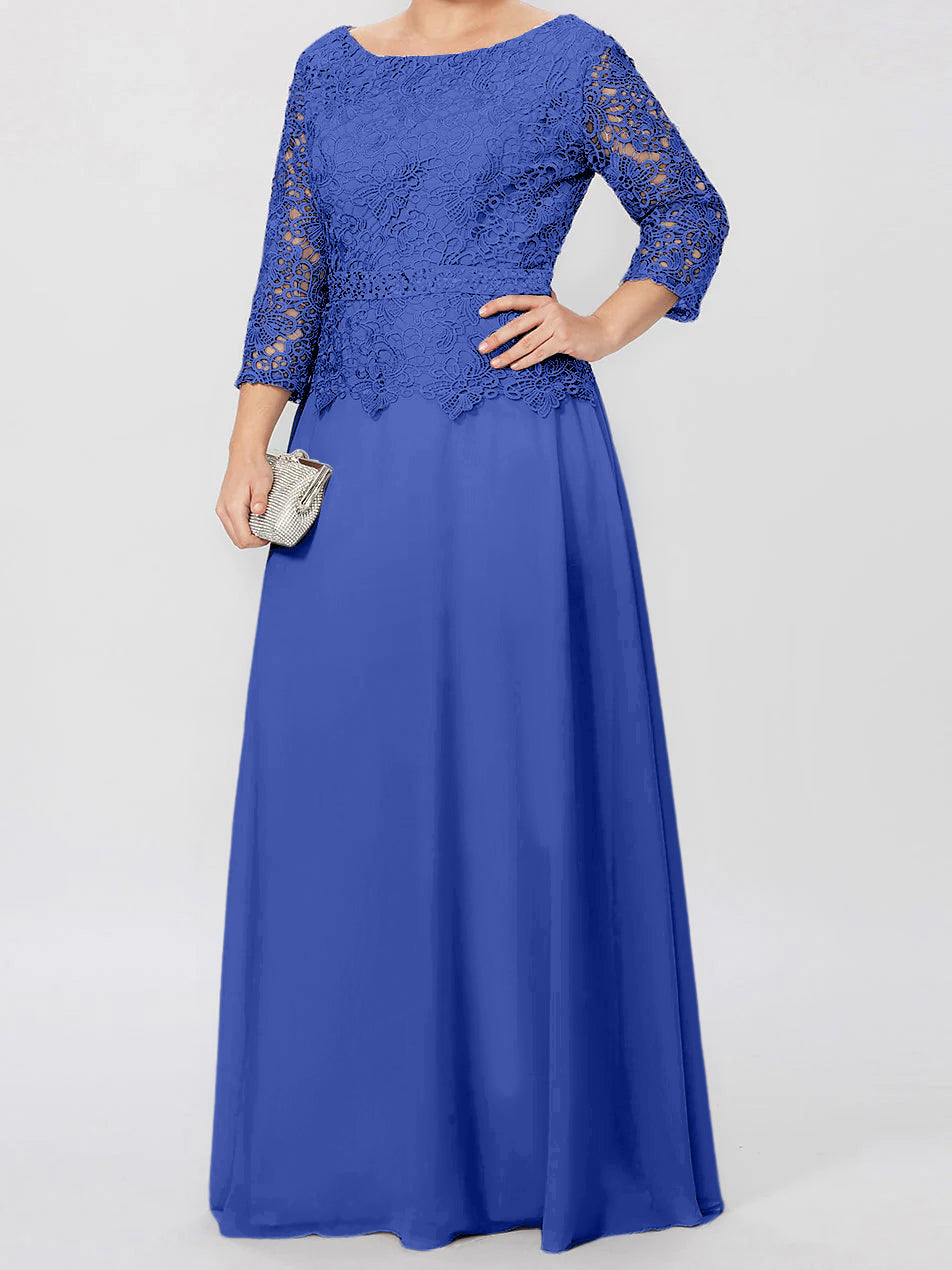 A-Linien-/Prinzessinnenkleid mit Rundhalsausschnitt, 3/4-Ärmeln und bodenlanger Ausführung für die Mutter der Braut, verziert mit Applikationen und Pailletten 