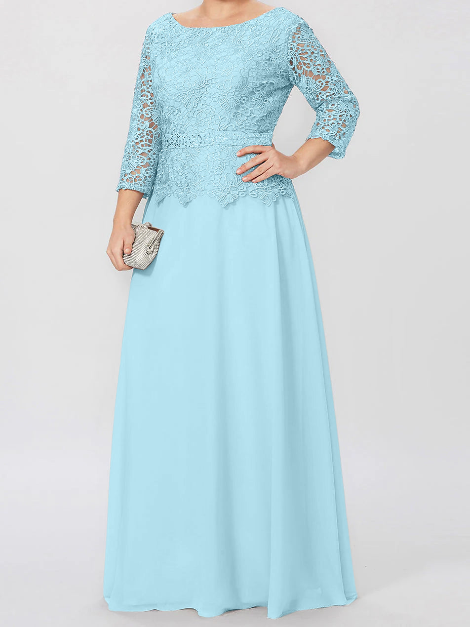 Vestidos de madre de la novia de corte A/princesa, cuello redondo, mangas 3/4, largo hasta el suelo, con apliques y lentejuelas 