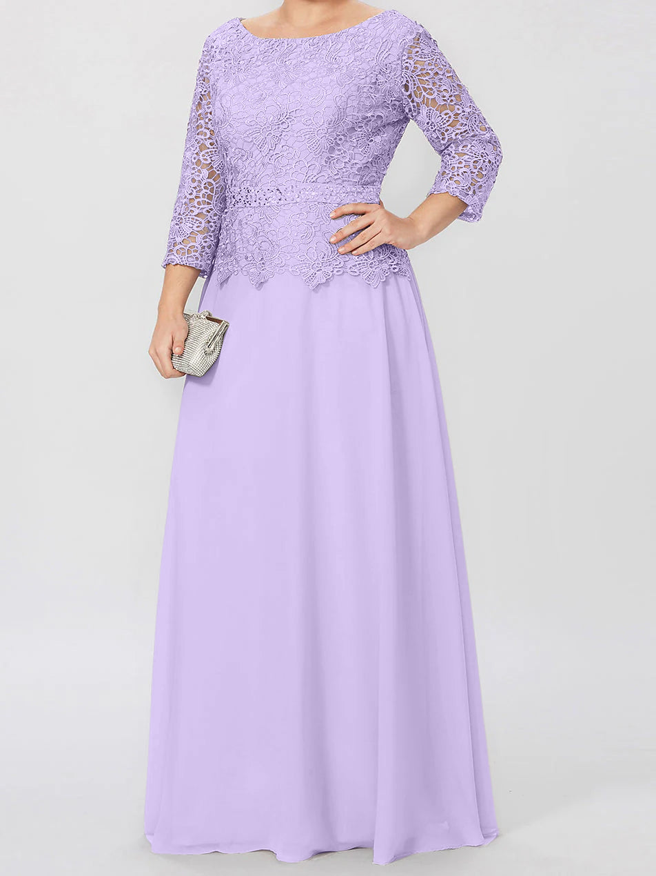 Vestidos de madre de la novia de corte A/princesa, cuello redondo, mangas 3/4, largo hasta el suelo, con apliques y lentejuelas 