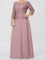 A-Linien-/Prinzessinnenkleid mit Rundhalsausschnitt, 3/4-Ärmeln und bodenlanger Ausführung für die Mutter der Braut, verziert mit Applikationen und Pailletten 