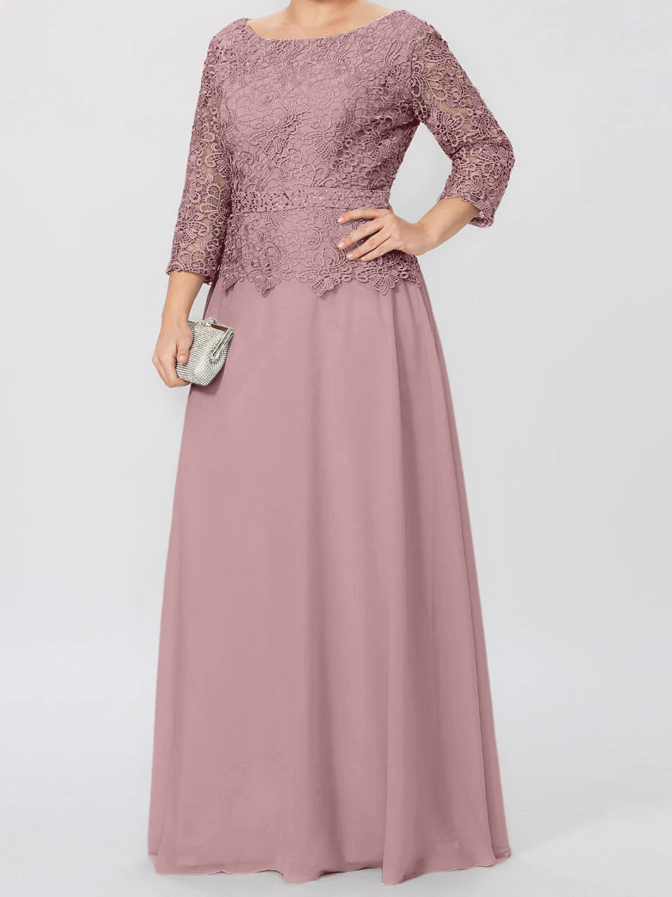 Vestidos de madre de la novia de corte A/princesa, cuello redondo, mangas 3/4, largo hasta el suelo, con apliques y lentejuelas 