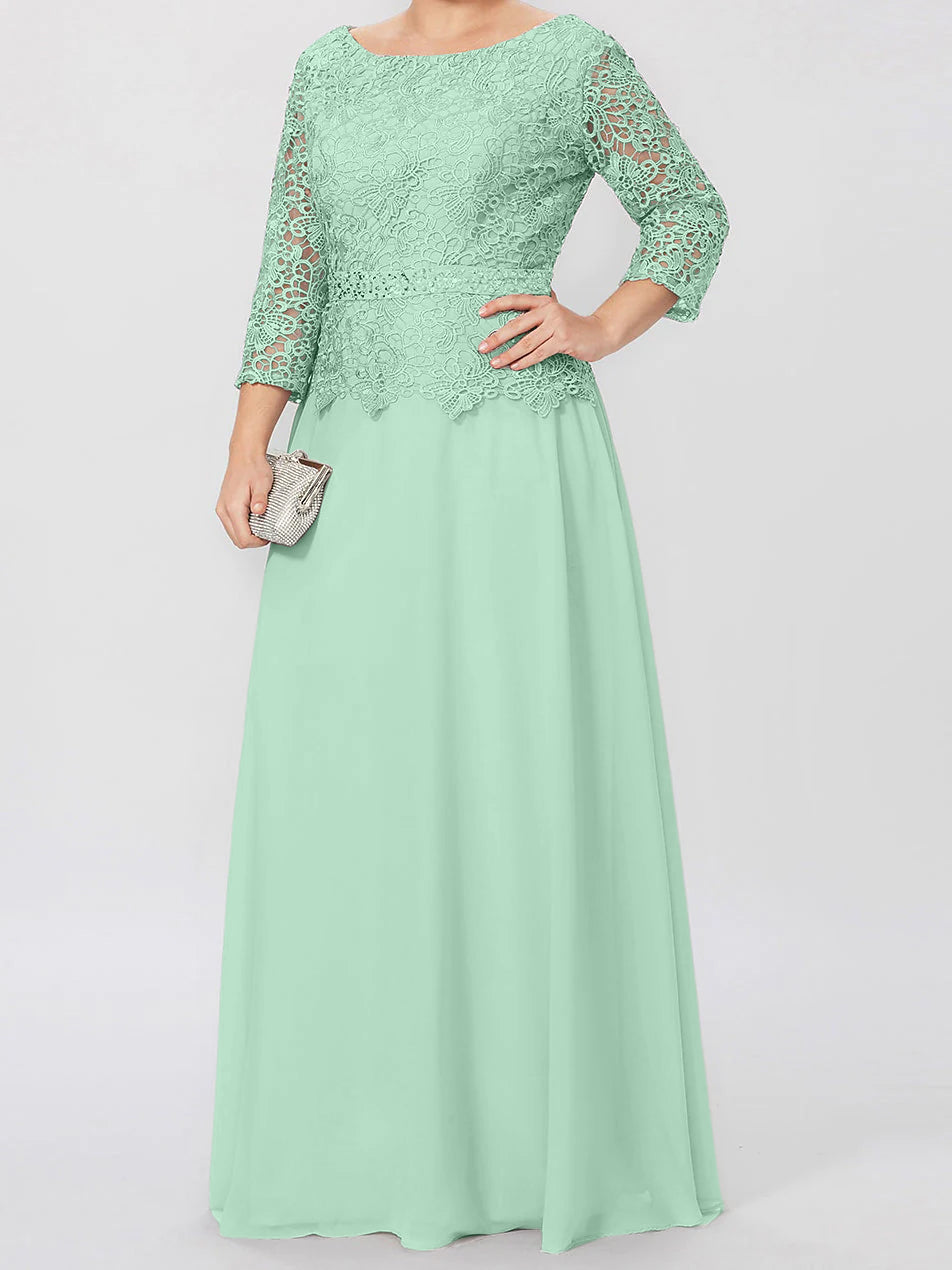 A-Linien-/Prinzessinnenkleid mit Rundhalsausschnitt, 3/4-Ärmeln und bodenlanger Ausführung für die Mutter der Braut, verziert mit Applikationen und Pailletten 