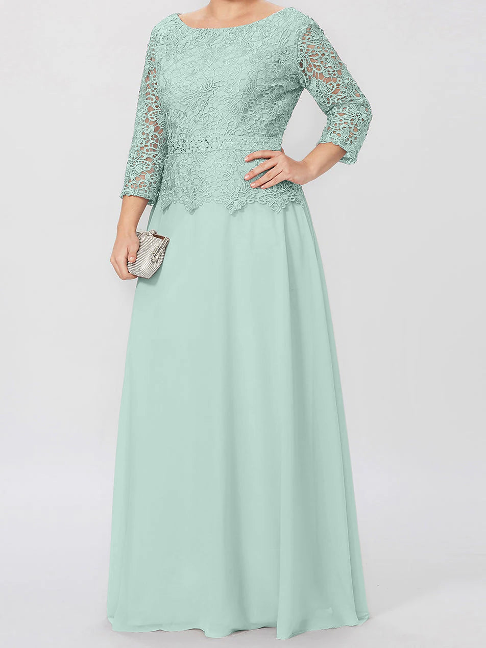 A-Linien-/Prinzessinnenkleid mit Rundhalsausschnitt, 3/4-Ärmeln und bodenlanger Ausführung für die Mutter der Braut, verziert mit Applikationen und Pailletten 