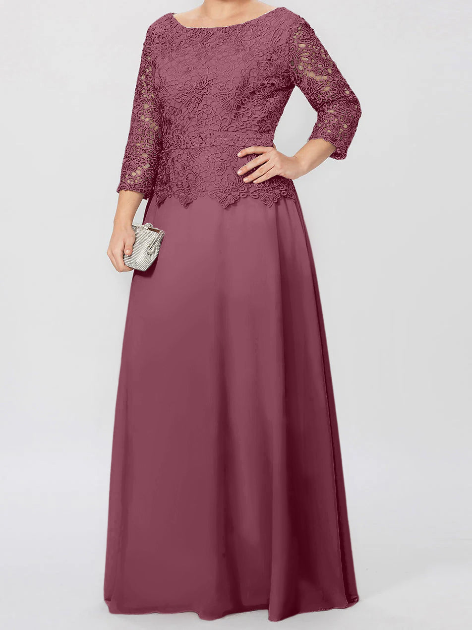 A-Linien-/Prinzessinnenkleid mit Rundhalsausschnitt, 3/4-Ärmeln und bodenlanger Ausführung für die Mutter der Braut, verziert mit Applikationen und Pailletten 