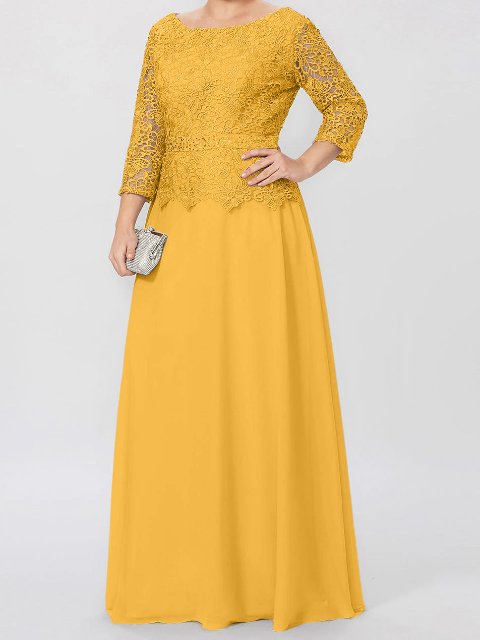 Vestidos de madre de la novia de corte A/princesa, cuello redondo, mangas 3/4, largo hasta el suelo, con apliques y lentejuelas 