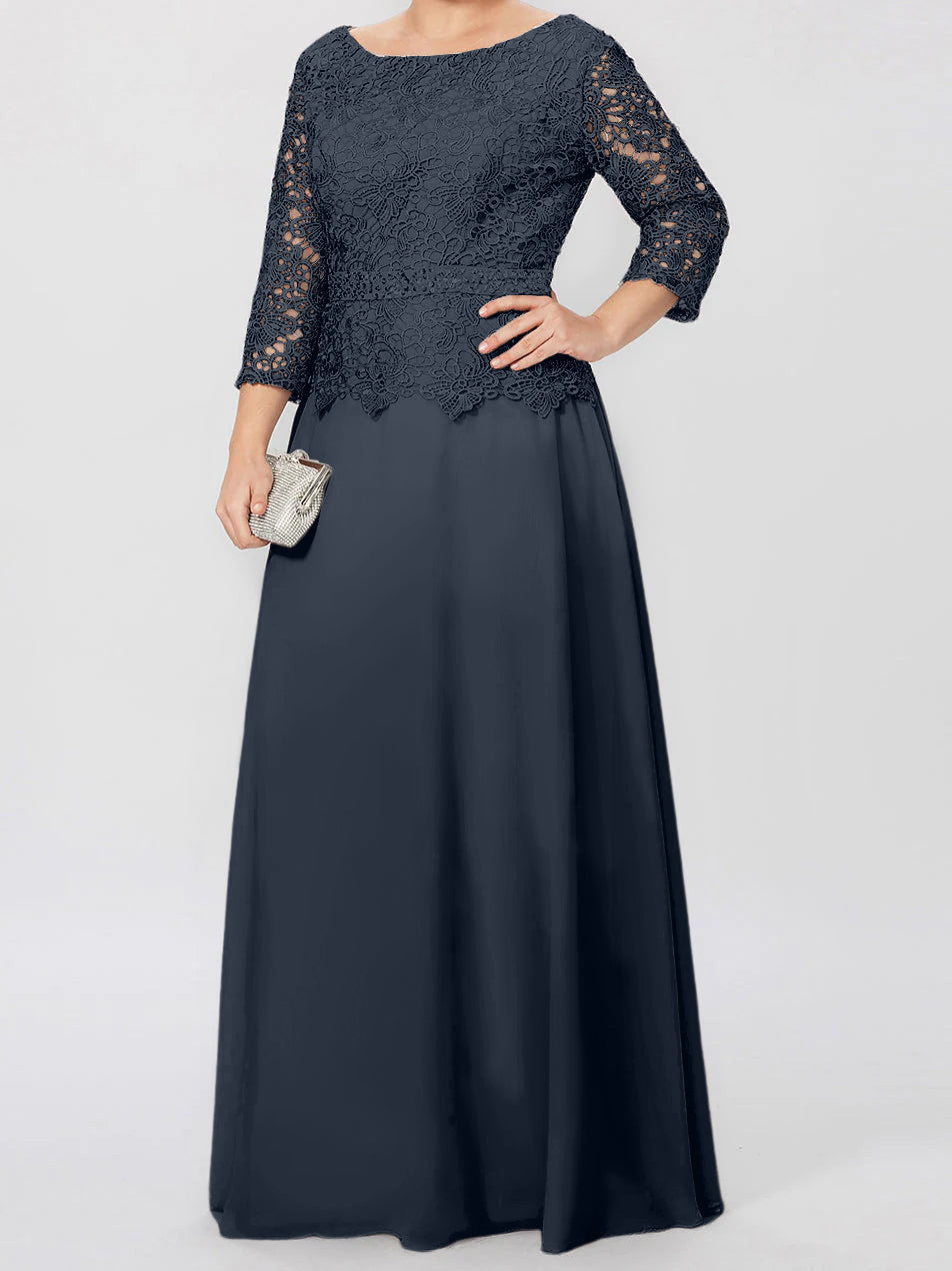 A-Linien-/Prinzessinnenkleid mit Rundhalsausschnitt, 3/4-Ärmeln und bodenlanger Ausführung für die Mutter der Braut, verziert mit Applikationen und Pailletten 