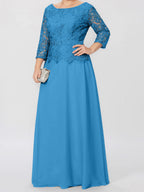 A-Linien-/Prinzessinnenkleid mit Rundhalsausschnitt, 3/4-Ärmeln und bodenlanger Ausführung für die Mutter der Braut, verziert mit Applikationen und Pailletten 