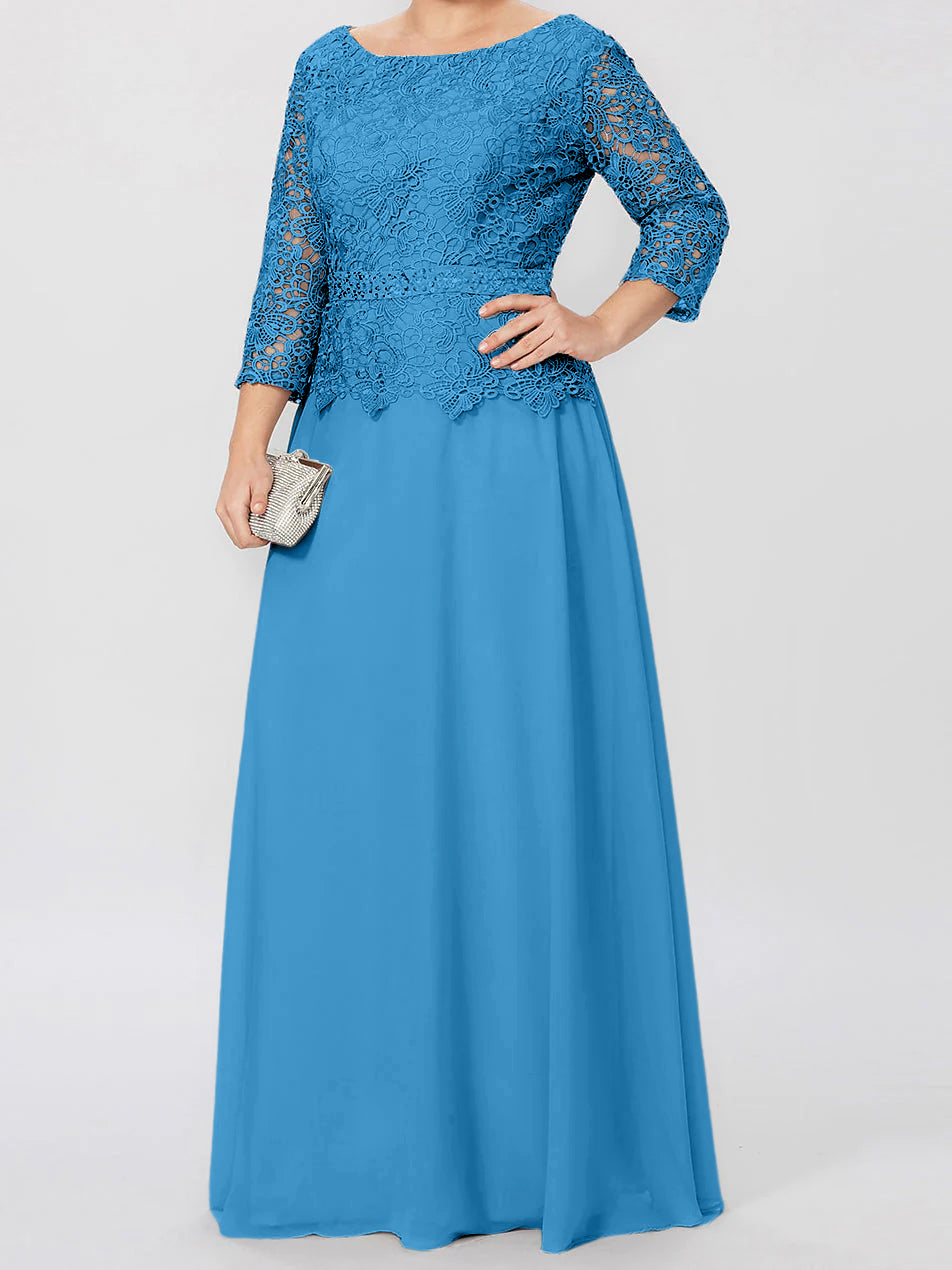 Vestidos de madre de la novia de corte A/princesa, cuello redondo, mangas 3/4, largo hasta el suelo, con apliques y lentejuelas 