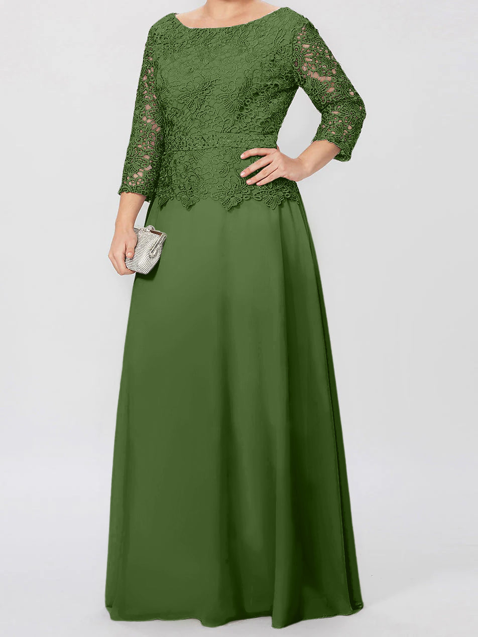 Vestidos de madre de la novia de corte A/princesa, cuello redondo, mangas 3/4, largo hasta el suelo, con apliques y lentejuelas 