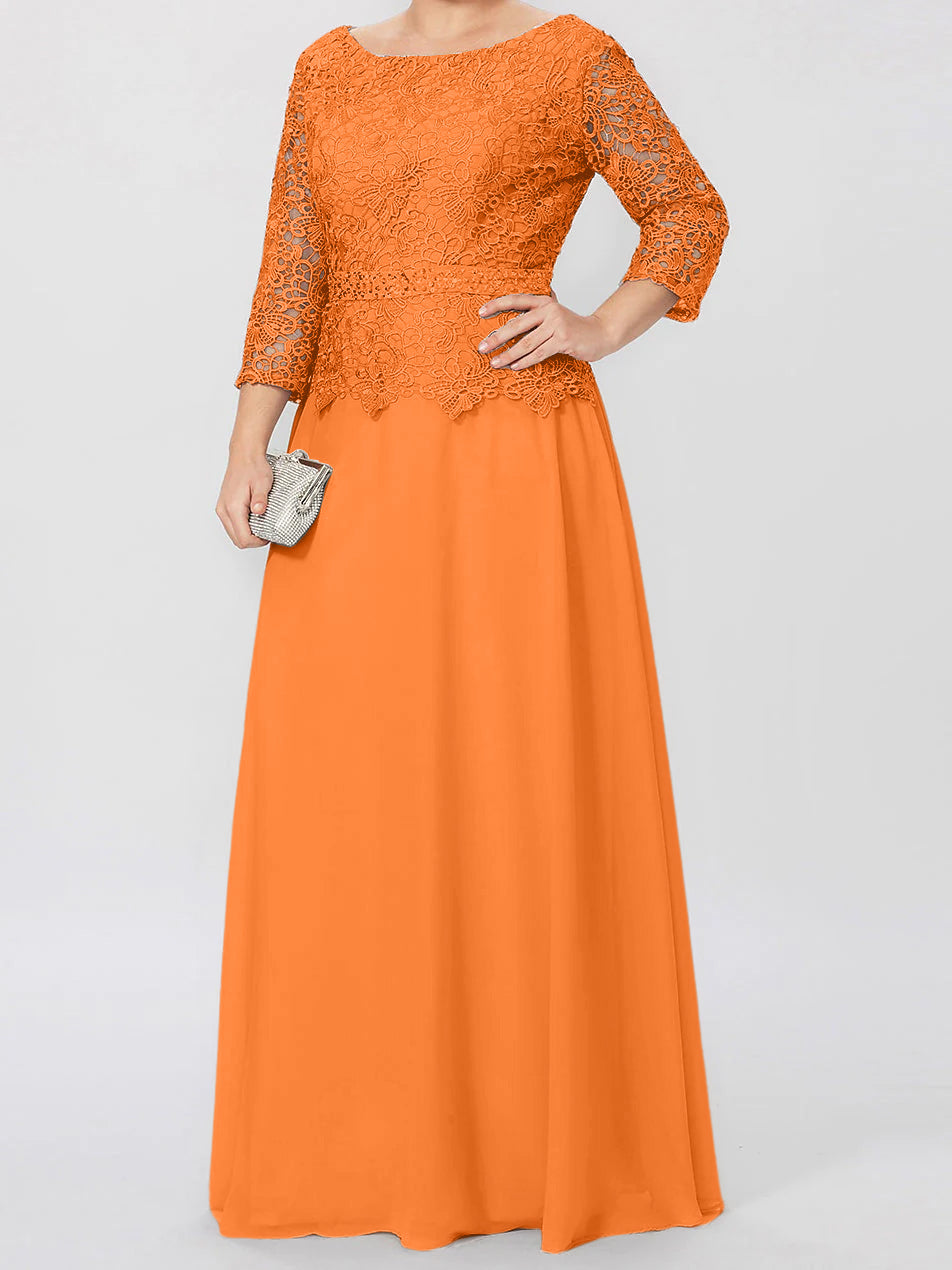 Vestidos de madre de la novia de corte A/princesa, cuello redondo, mangas 3/4, largo hasta el suelo, con apliques y lentejuelas 