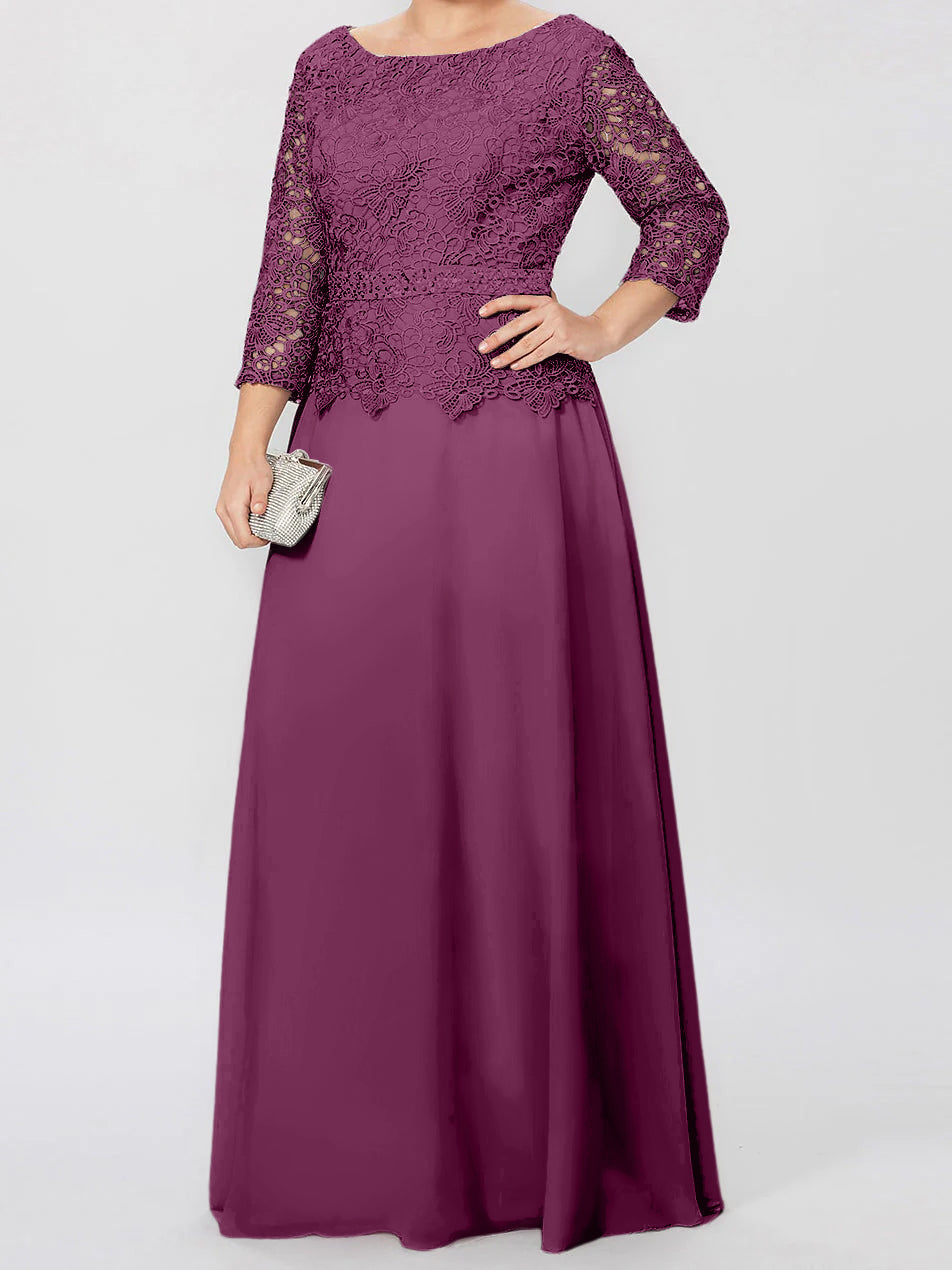 Vestidos de madre de la novia de corte A/princesa, cuello redondo, mangas 3/4, largo hasta el suelo, con apliques y lentejuelas 