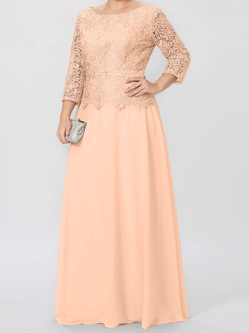 Vestidos de madre de la novia de corte A/princesa, cuello redondo, mangas 3/4, largo hasta el suelo, con apliques y lentejuelas 