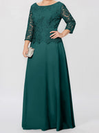 A-Linien-/Prinzessinnenkleid mit Rundhalsausschnitt, 3/4-Ärmeln und bodenlanger Ausführung für die Mutter der Braut, verziert mit Applikationen und Pailletten 