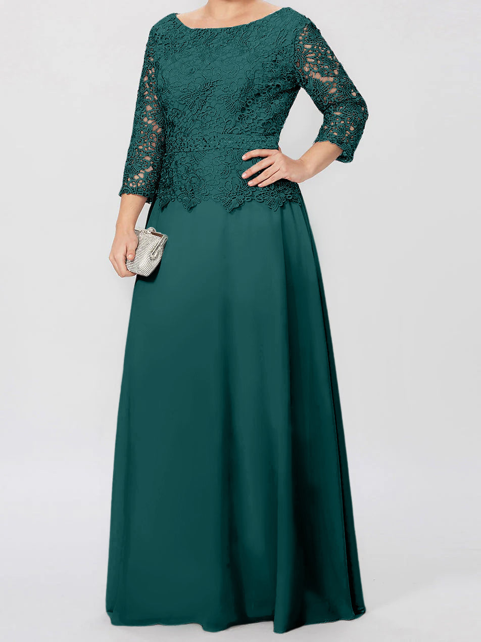 Vestidos de madre de la novia de corte A/princesa, cuello redondo, mangas 3/4, largo hasta el suelo, con apliques y lentejuelas 