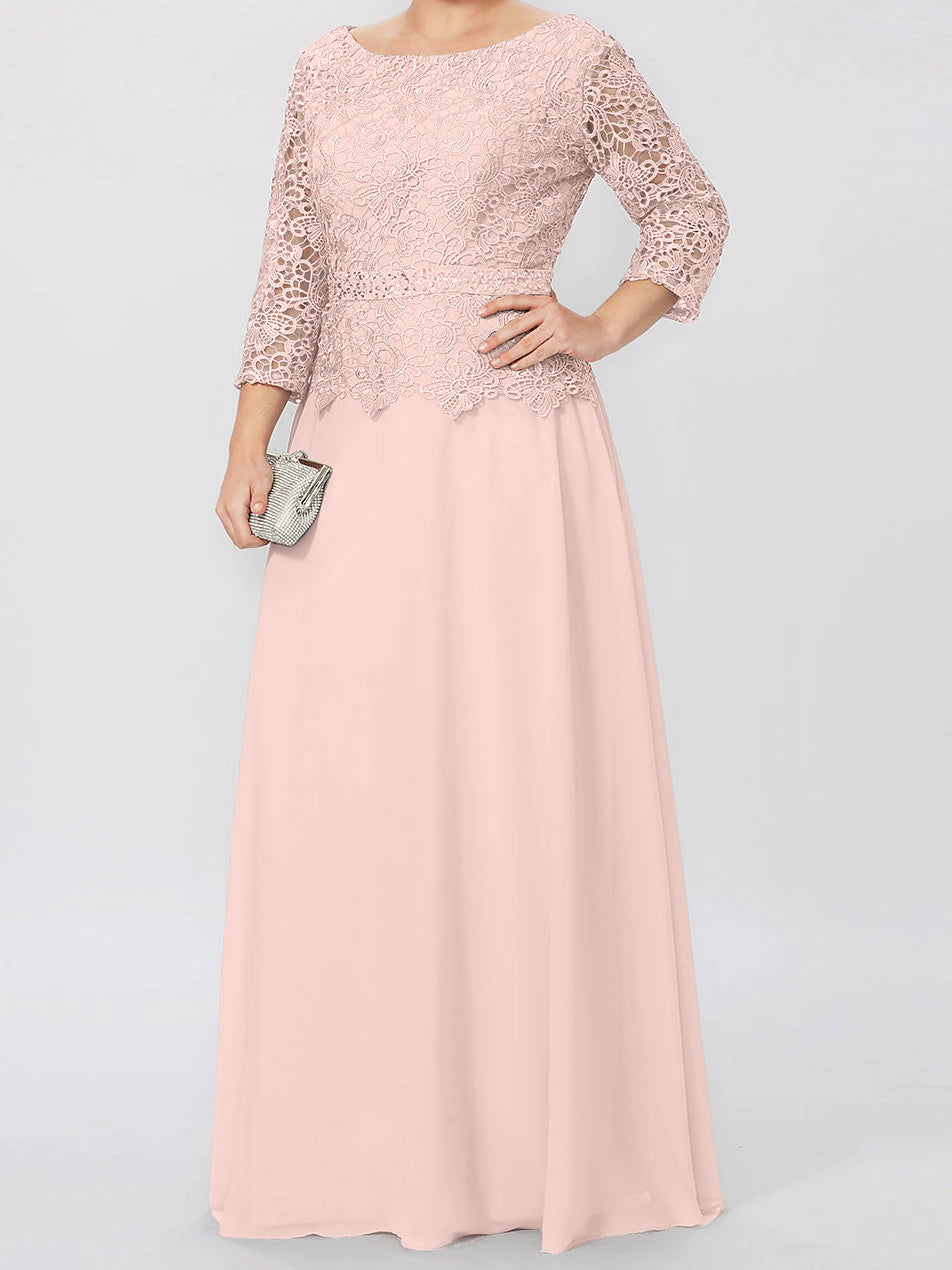 A-Linien-/Prinzessinnenkleid mit Rundhalsausschnitt, 3/4-Ärmeln und bodenlanger Ausführung für die Mutter der Braut, verziert mit Applikationen und Pailletten 