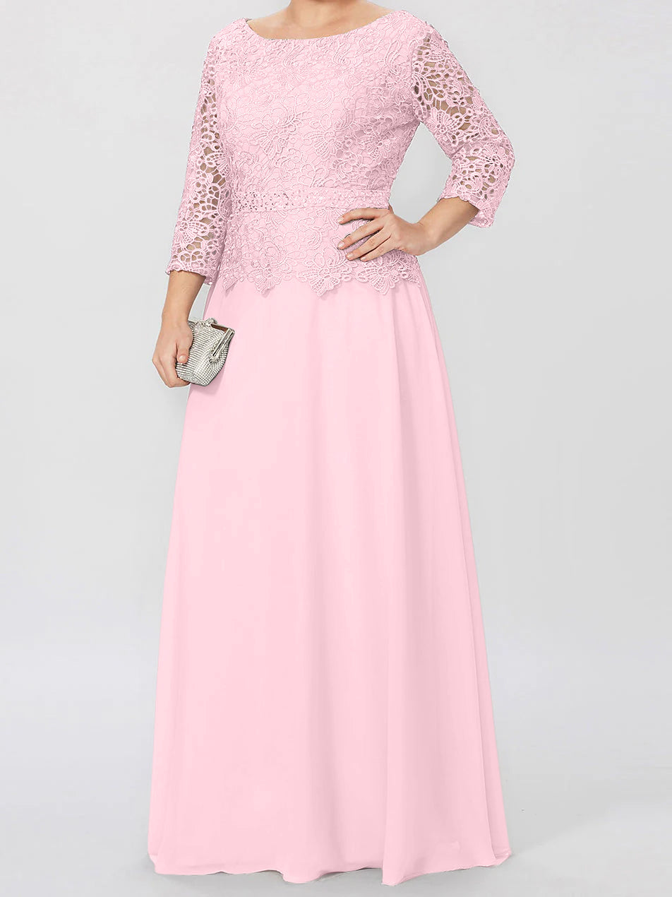 A-Linien-/Prinzessinnenkleid mit Rundhalsausschnitt, 3/4-Ärmeln und bodenlanger Ausführung für die Mutter der Braut, verziert mit Applikationen und Pailletten 