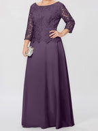 A-Linien-/Prinzessinnenkleid mit Rundhalsausschnitt, 3/4-Ärmeln und bodenlanger Ausführung für die Mutter der Braut, verziert mit Applikationen und Pailletten 