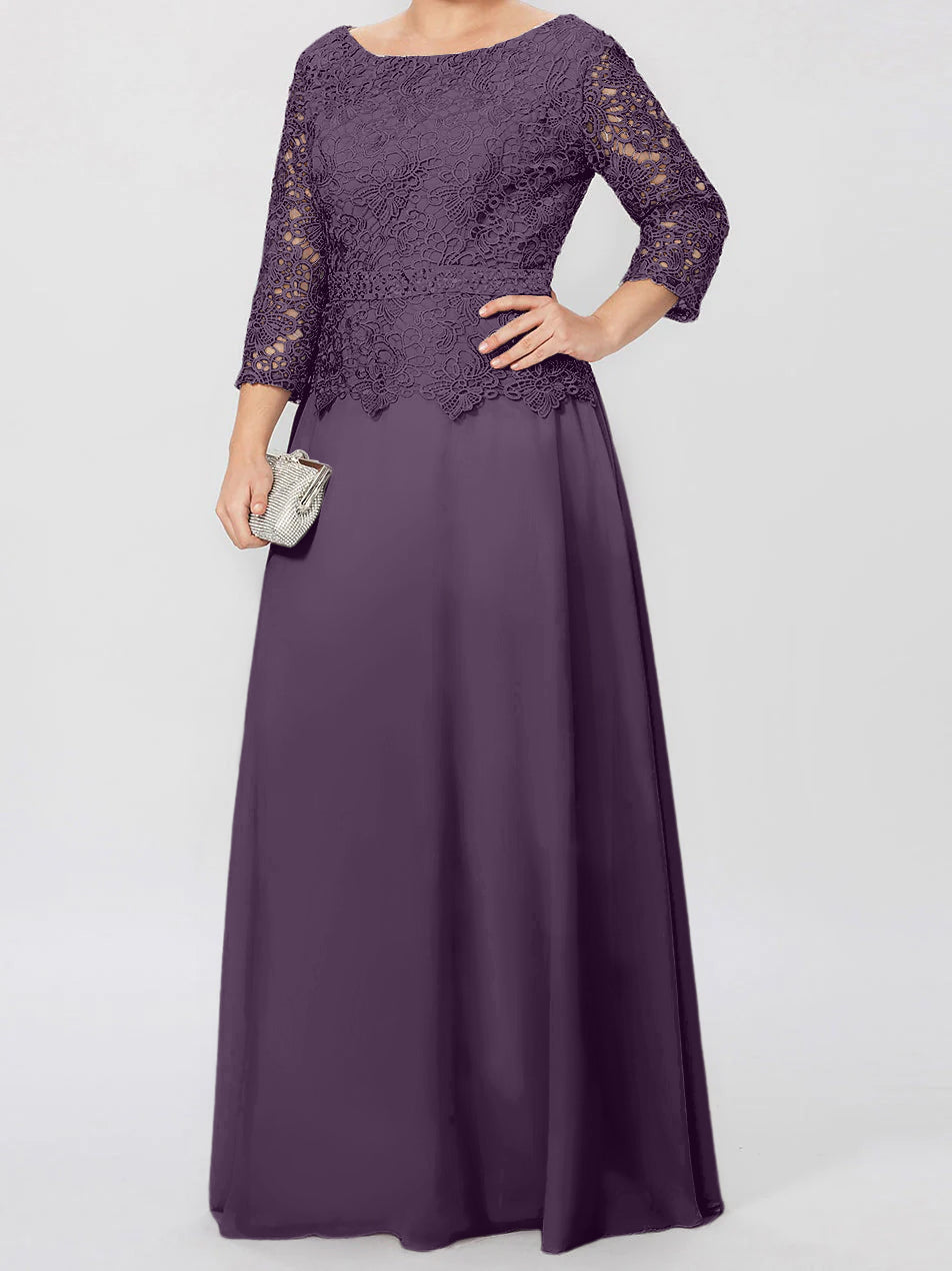 Vestidos de madre de la novia de corte A/princesa, cuello redondo, mangas 3/4, largo hasta el suelo, con apliques y lentejuelas 