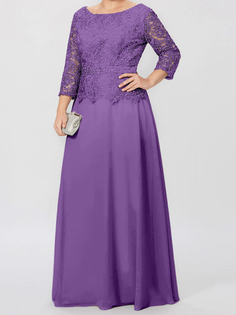 Vestidos de madre de la novia de corte A/princesa, cuello redondo, mangas 3/4, largo hasta el suelo, con apliques y lentejuelas 