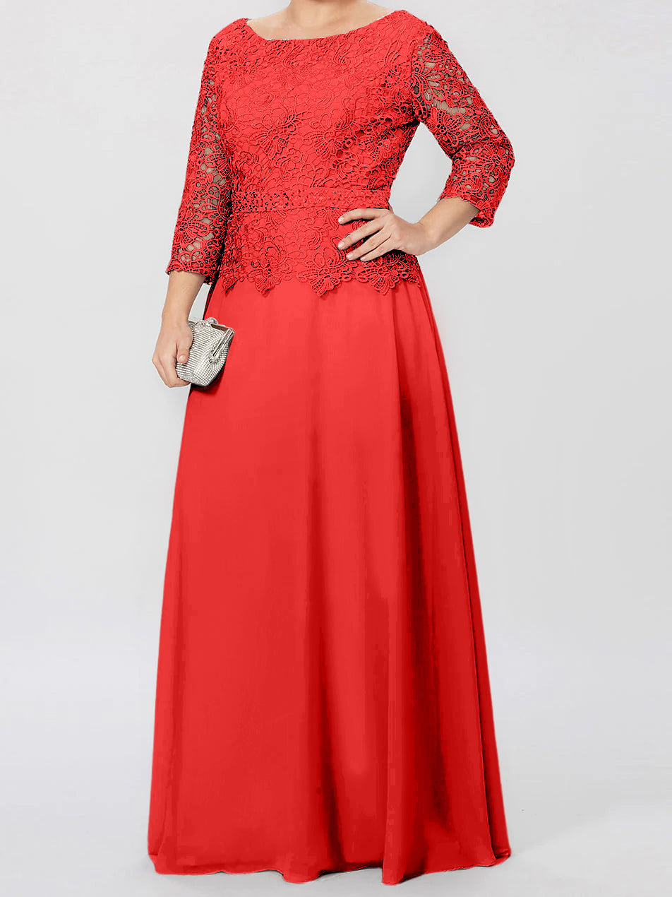 A-Linien-/Prinzessinnenkleid mit Rundhalsausschnitt, 3/4-Ärmeln und bodenlanger Ausführung für die Mutter der Braut, verziert mit Applikationen und Pailletten 