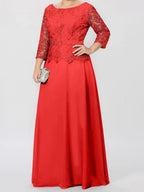 A-Linien-/Prinzessinnenkleid mit Rundhalsausschnitt, 3/4-Ärmeln und bodenlanger Ausführung für die Mutter der Braut, verziert mit Applikationen und Pailletten 