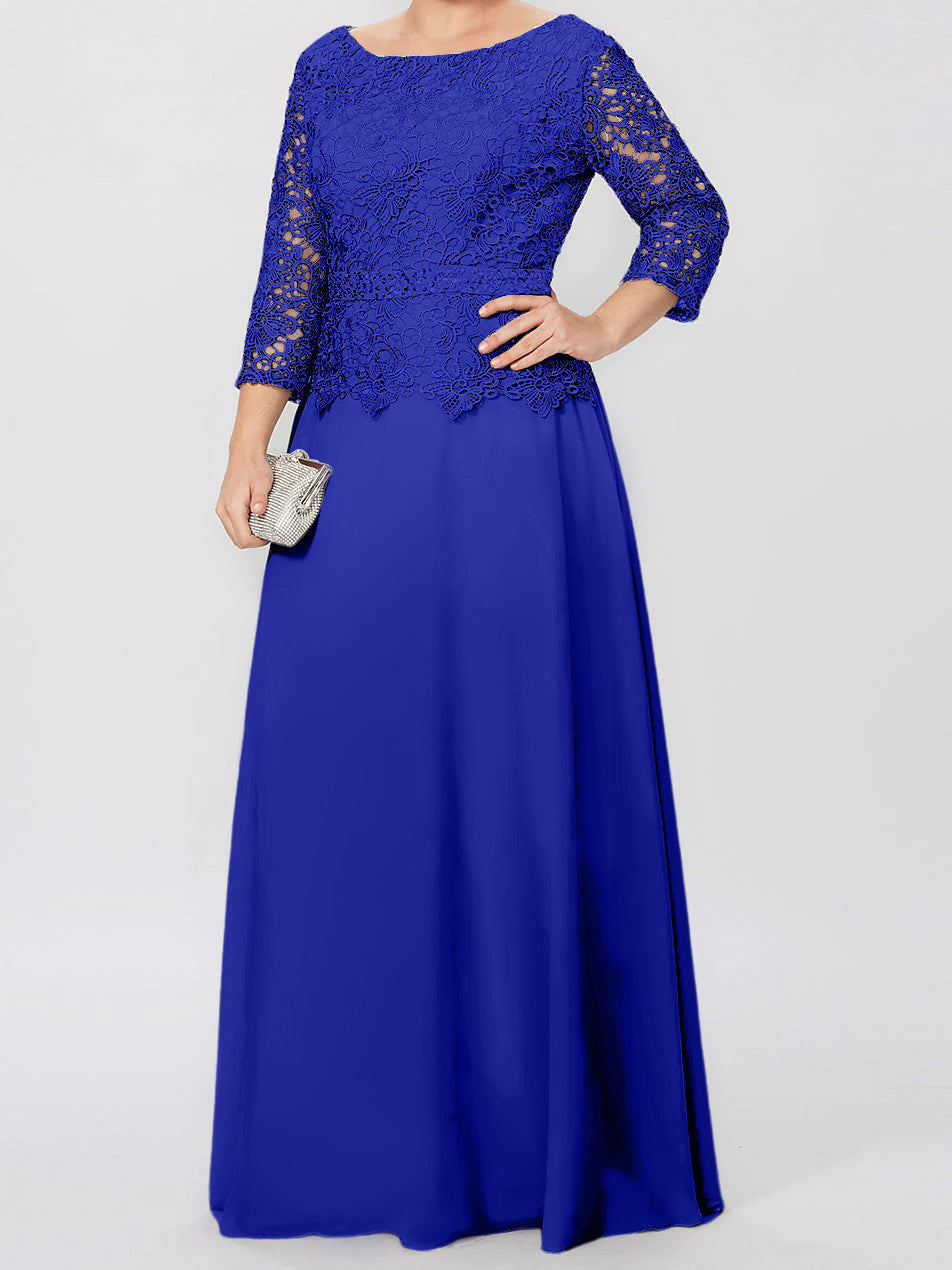 A-Linien-/Prinzessinnenkleid mit Rundhalsausschnitt, 3/4-Ärmeln und bodenlanger Ausführung für die Mutter der Braut, verziert mit Applikationen und Pailletten 