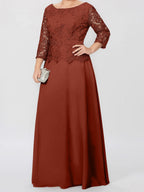 A-Linien-/Prinzessinnenkleid mit Rundhalsausschnitt, 3/4-Ärmeln und bodenlanger Ausführung für die Mutter der Braut, verziert mit Applikationen und Pailletten 