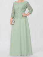 A-Linien-/Prinzessinnenkleid mit Rundhalsausschnitt, 3/4-Ärmeln und bodenlanger Ausführung für die Mutter der Braut, verziert mit Applikationen und Pailletten 