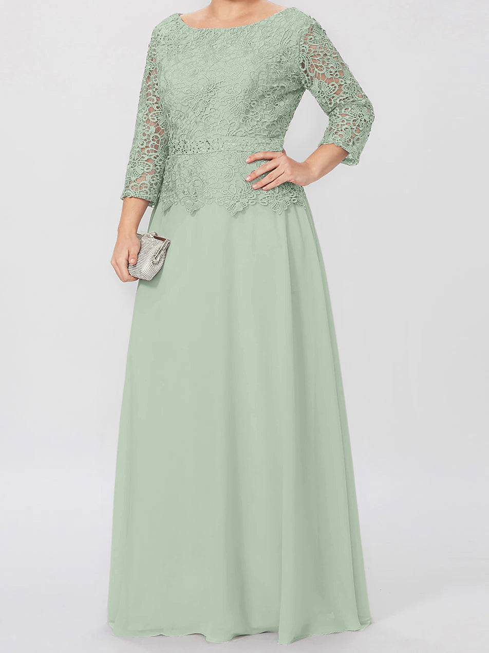 Vestidos de madre de la novia de corte A/princesa, cuello redondo, mangas 3/4, largo hasta el suelo, con apliques y lentejuelas 