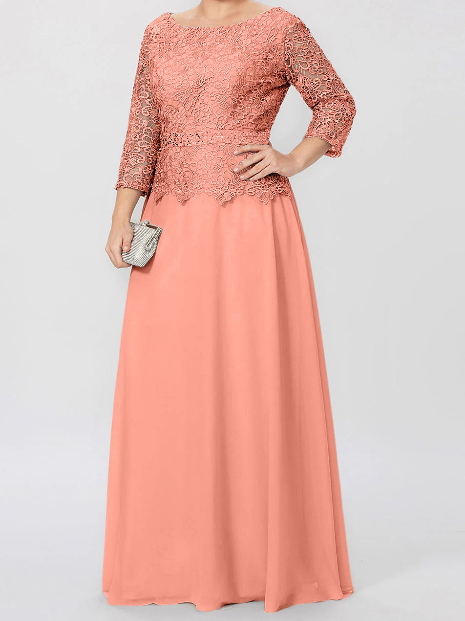 Vestidos de madre de la novia de corte A/princesa, cuello redondo, mangas 3/4, largo hasta el suelo, con apliques y lentejuelas 