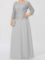 A-Linien-/Prinzessinnenkleid mit Rundhalsausschnitt, 3/4-Ärmeln und bodenlanger Ausführung für die Mutter der Braut, verziert mit Applikationen und Pailletten 