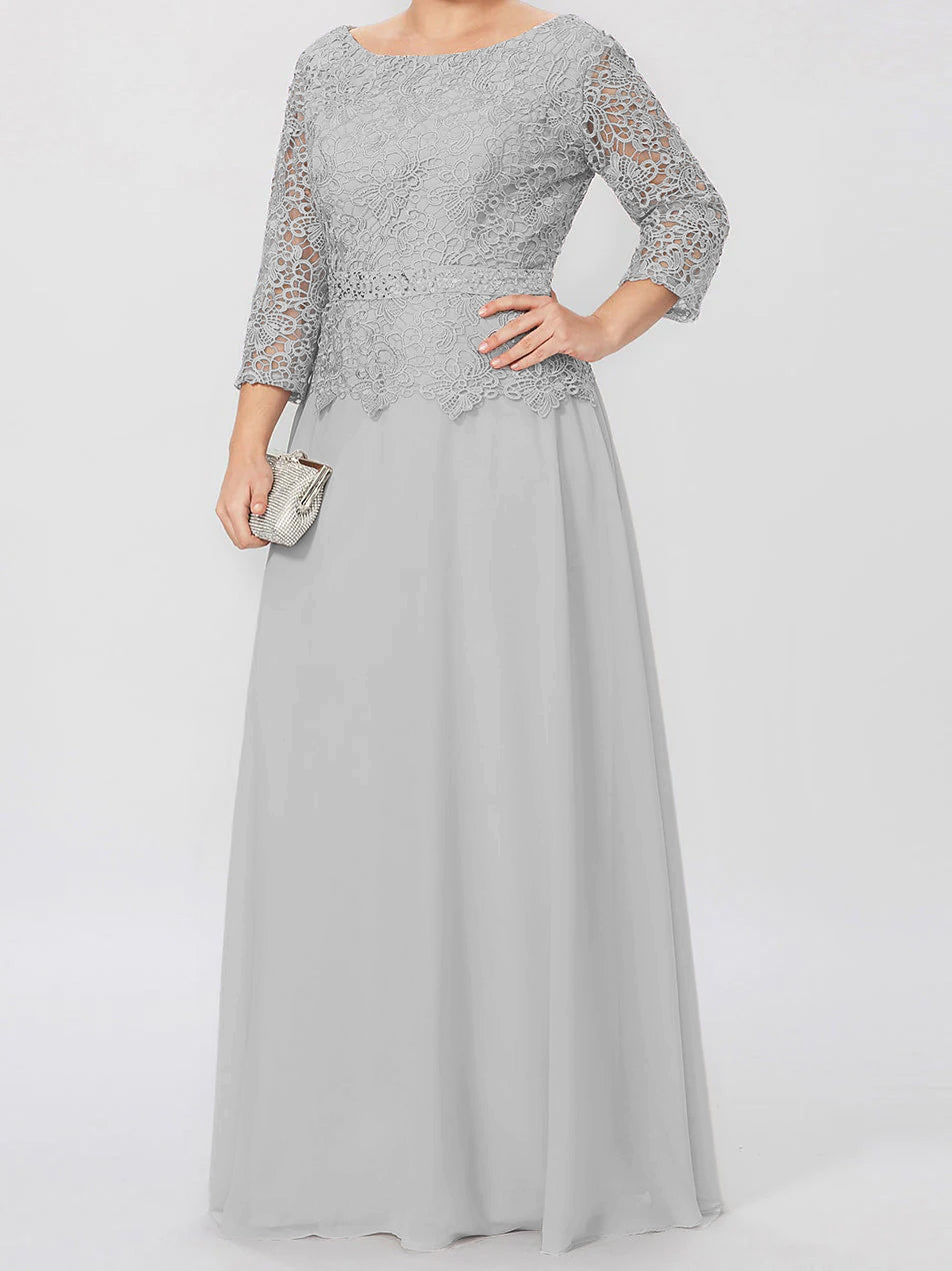 Vestidos de madre de la novia de corte A/princesa, cuello redondo, mangas 3/4, largo hasta el suelo, con apliques y lentejuelas 