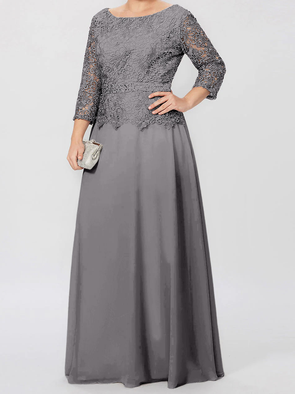 Vestidos de madre de la novia de corte A/princesa, cuello redondo, mangas 3/4, largo hasta el suelo, con apliques y lentejuelas 
