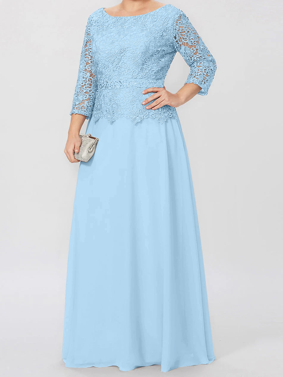 Vestidos de madre de la novia de corte A/princesa, cuello redondo, mangas 3/4, largo hasta el suelo, con apliques y lentejuelas 