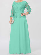 A-Linien-/Prinzessinnenkleid mit Rundhalsausschnitt, 3/4-Ärmeln und bodenlanger Ausführung für die Mutter der Braut, verziert mit Applikationen und Pailletten 