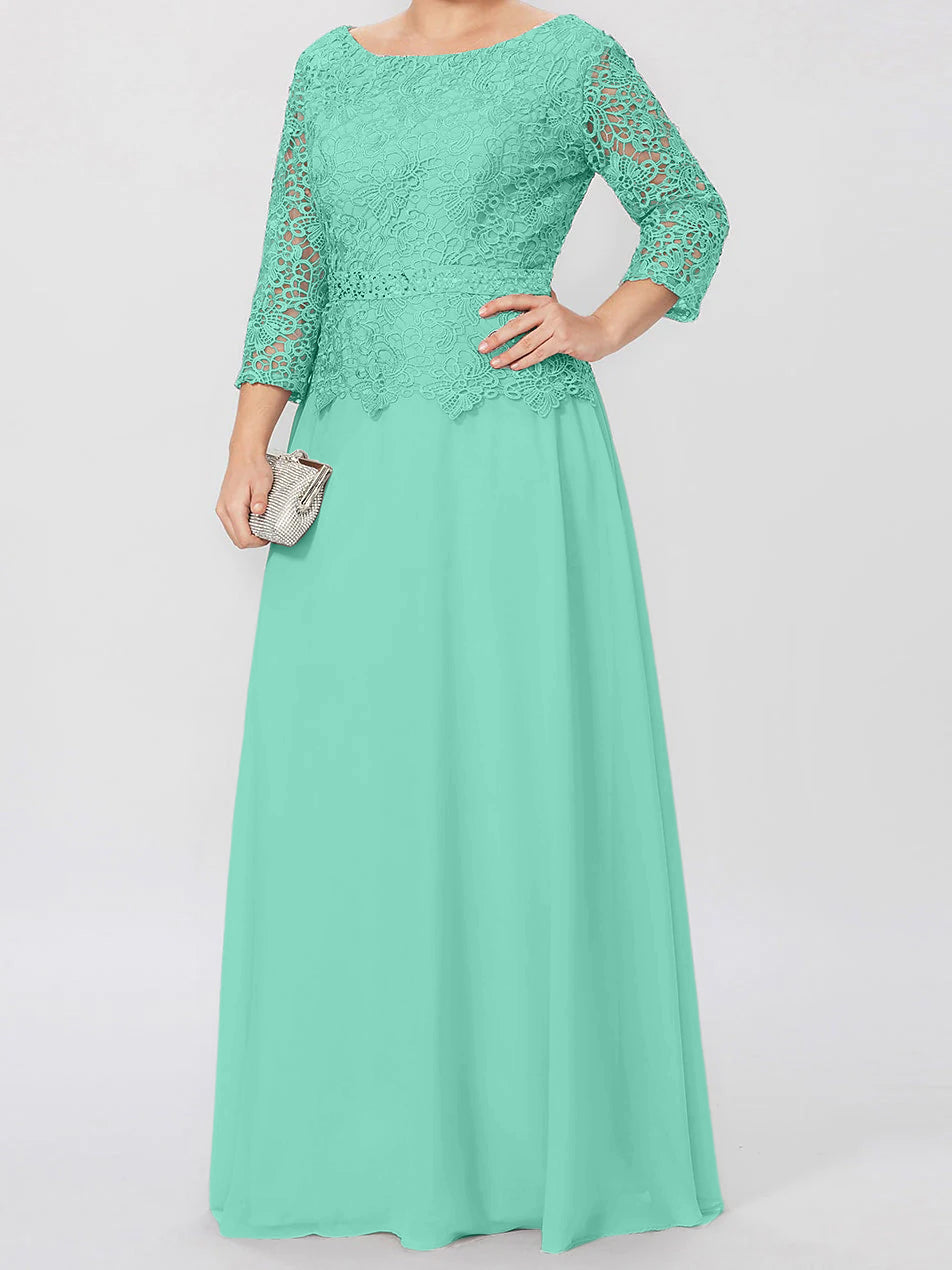 Vestidos de madre de la novia de corte A/princesa, cuello redondo, mangas 3/4, largo hasta el suelo, con apliques y lentejuelas 