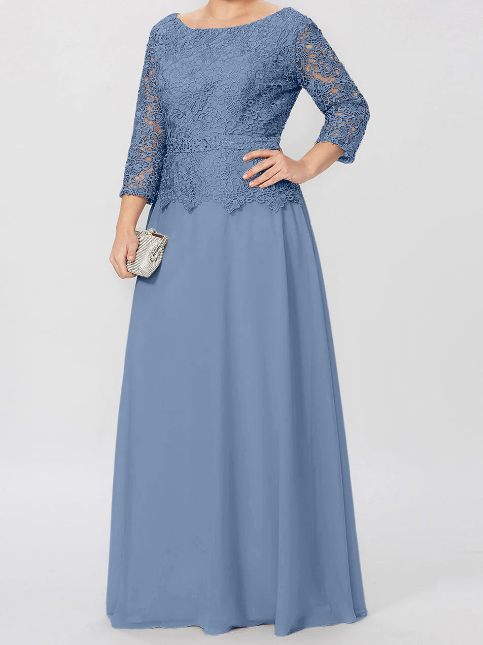 Vestidos de madre de la novia de corte A/princesa, cuello redondo, mangas 3/4, largo hasta el suelo, con apliques y lentejuelas 