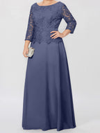 A-Linien-/Prinzessinnenkleid mit Rundhalsausschnitt, 3/4-Ärmeln und bodenlanger Ausführung für die Mutter der Braut, verziert mit Applikationen und Pailletten 