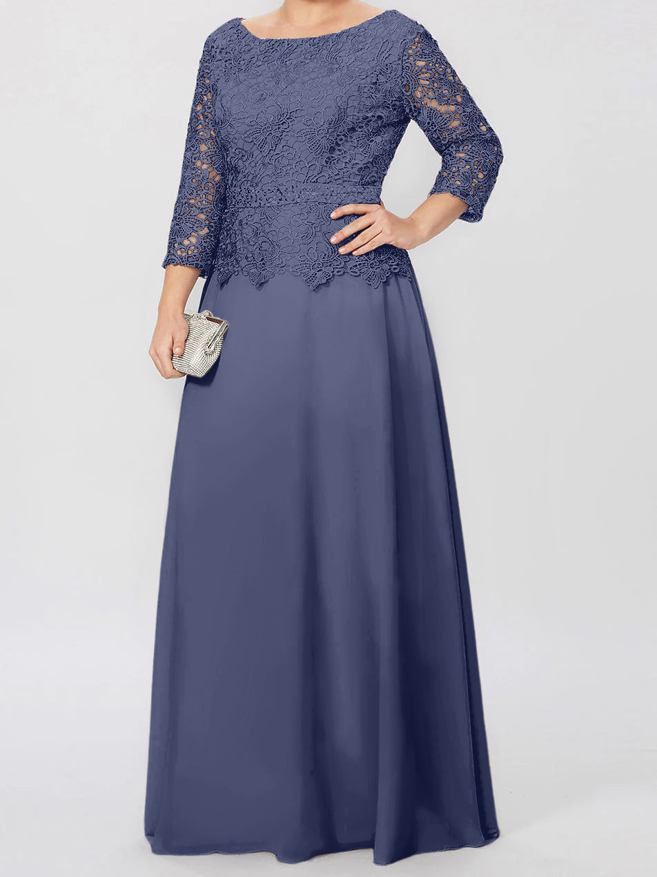 Vestidos de madre de la novia de corte A/princesa, cuello redondo, mangas 3/4, largo hasta el suelo, con apliques y lentejuelas 